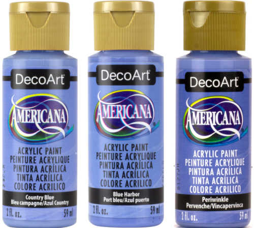 A picture of 3 DecoArt Americana Acrylics bottles, country blue, blue harbor, and periwinkle